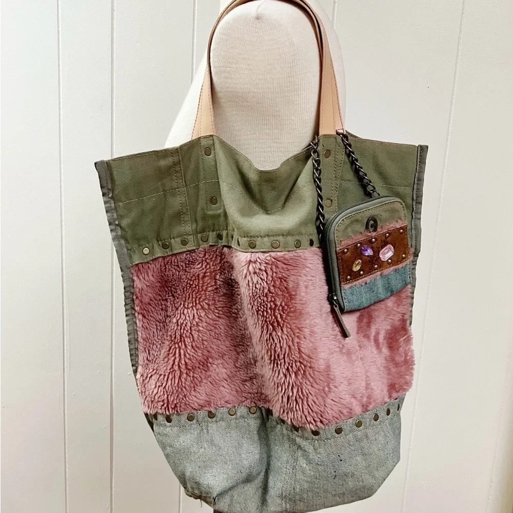 Vintage Y2k Guess Patchwork Reversible Tote Boho Fairycore Grunge Brass G Logo